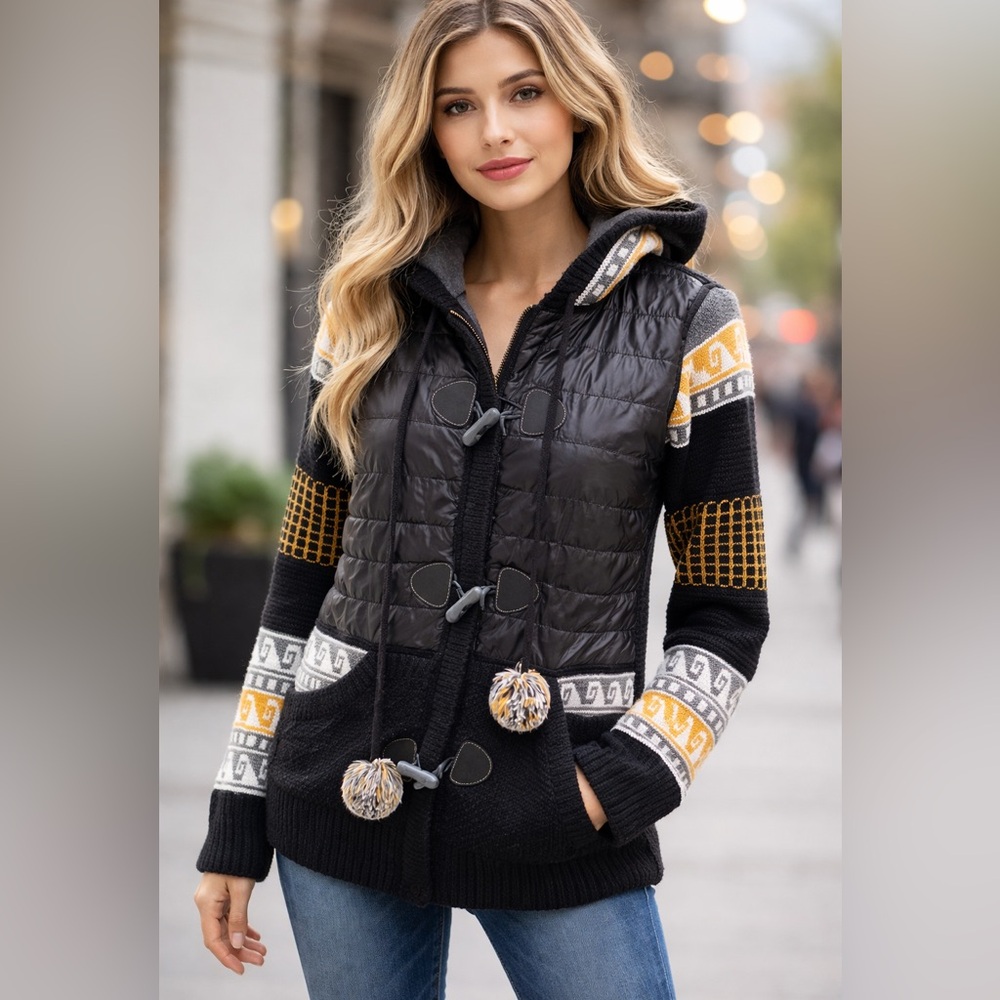 Tricotto Boho Mixed Media Hooded Sweater Jacket size large